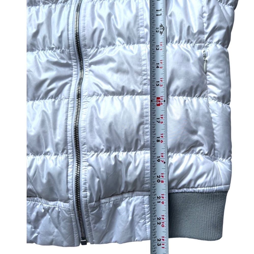 Athleta Down Bomber Jacket Small White Gray Trim Puffer Goose Down Zip - Picture 6 of 7